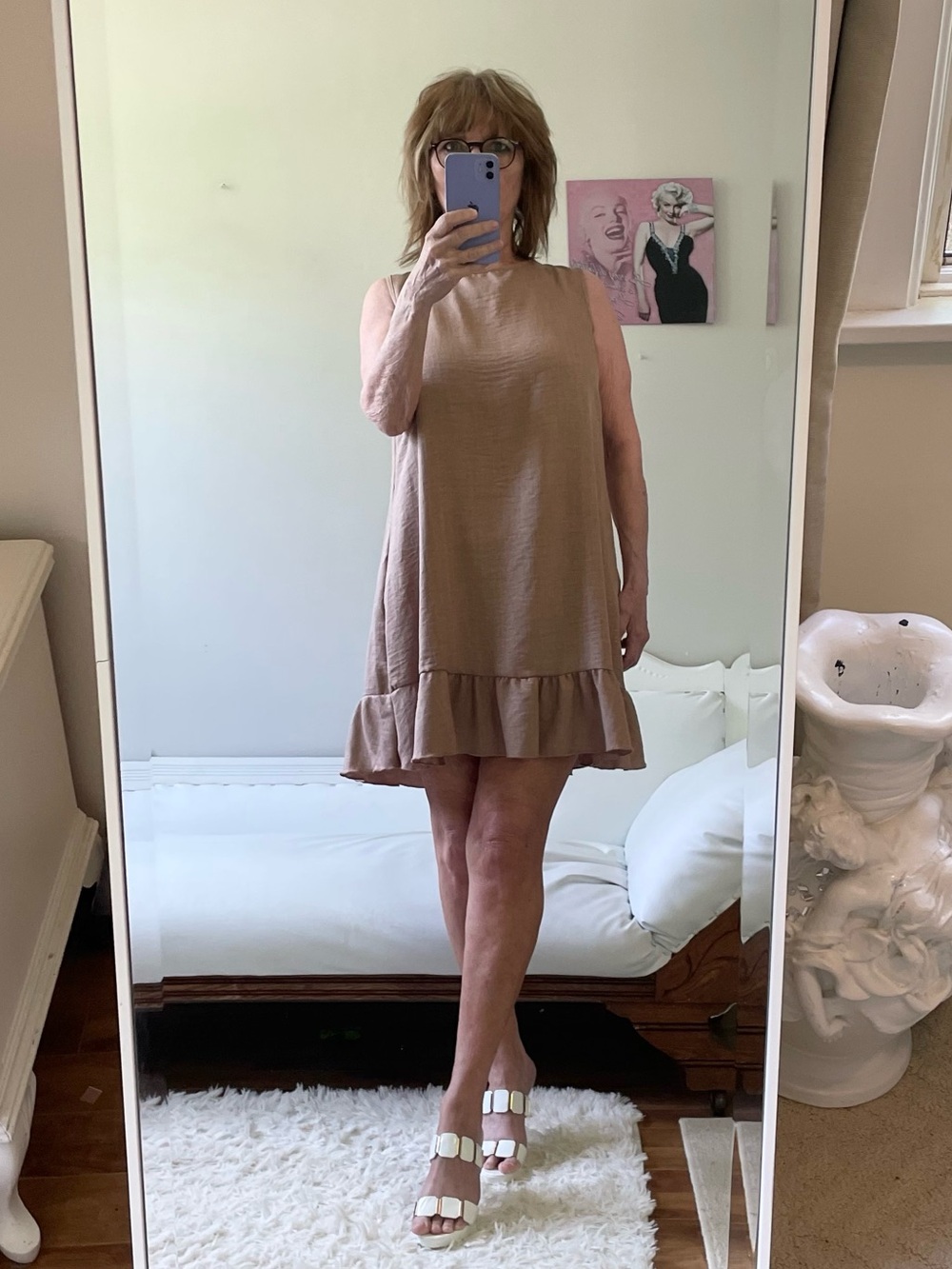 Sleeveless Ruffle-Hem Mini Dress in Taupe